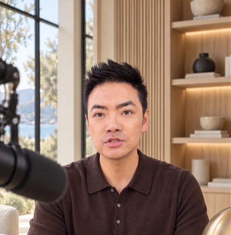 Calvin Chen's digital twin speaking in a warm wood-panelled study
