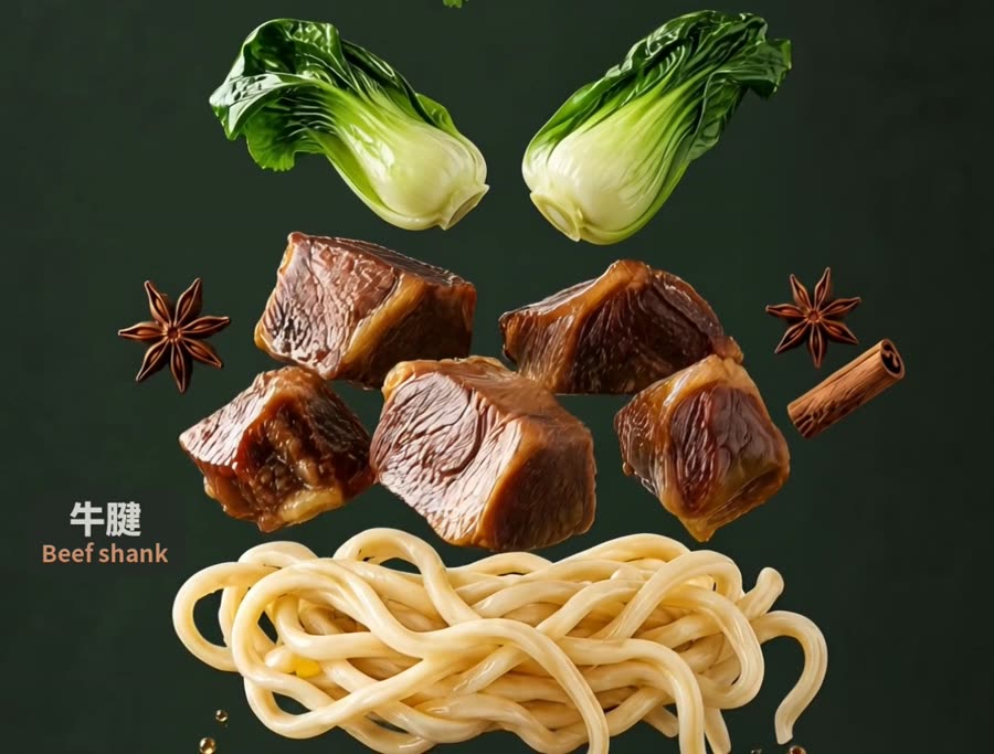 Beef, bok choy and noodles suspended above a bowl